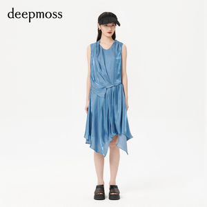 设计师deepmoss 木兰2R年春夏新款 海蓝色无袖不规则荡褶连衣裙
