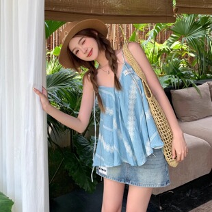 湖蓝刺绣吊带背心侧开叉牛仔裤 25SS新款 IcyNude 裙 清货折S