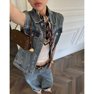 牛仔撞色花纹翻边钉珠马甲花纹翻边钉珠长裤 ODTD新款 折