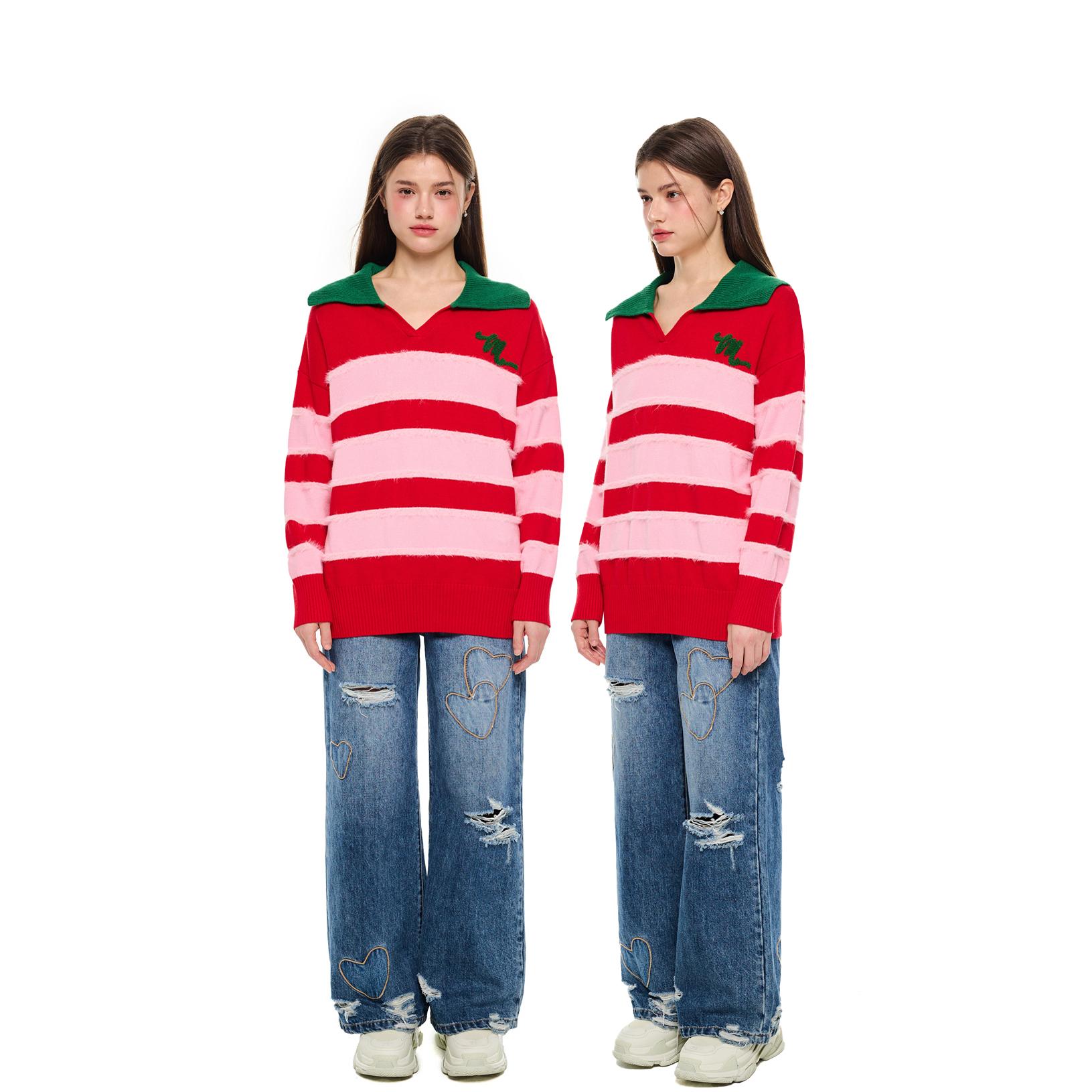 Andrea Martin 24秋季新款 撞色领条纹套头毛衣