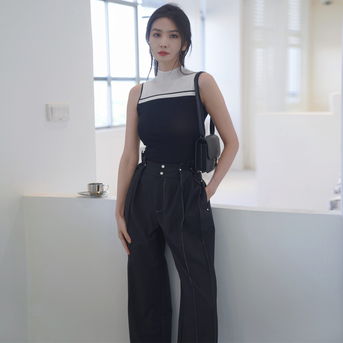 【折】Cottia 官方旗舰店 2S春季 高腰车线阔腿裤