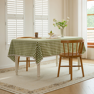 现代简约绿色小格子桌布防水棉麻布艺餐桌书桌学生幼儿园茶几台布