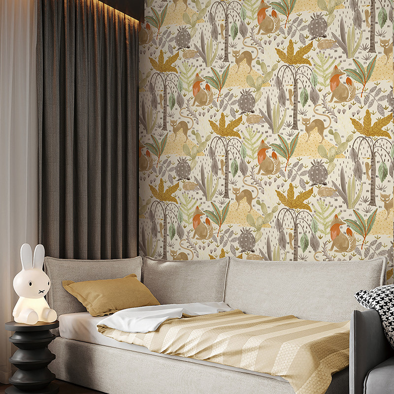 fox and cat七彩森林狐狸和猫 刺猬 儿童房卧室无缝壁画定制墙纸