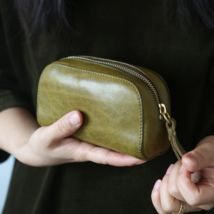 sainkho山叩真皮迷你化妆包植鞣牛皮手拿包便携皮质收纳包复古简