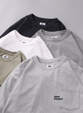 DRIVESTRAIGHT 23AW日系休闲纯色百搭宽松刺绣圆领长袖打底衫T恤