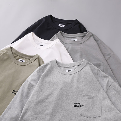 DRIVESTRAIGHT 23AW日系休闲纯色百搭宽松刺绣圆领长袖打底衫T恤