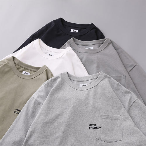 DRIVESTRAIGHT 23AW日系休闲纯色百搭宽松刺绣圆领长袖打底衫T恤