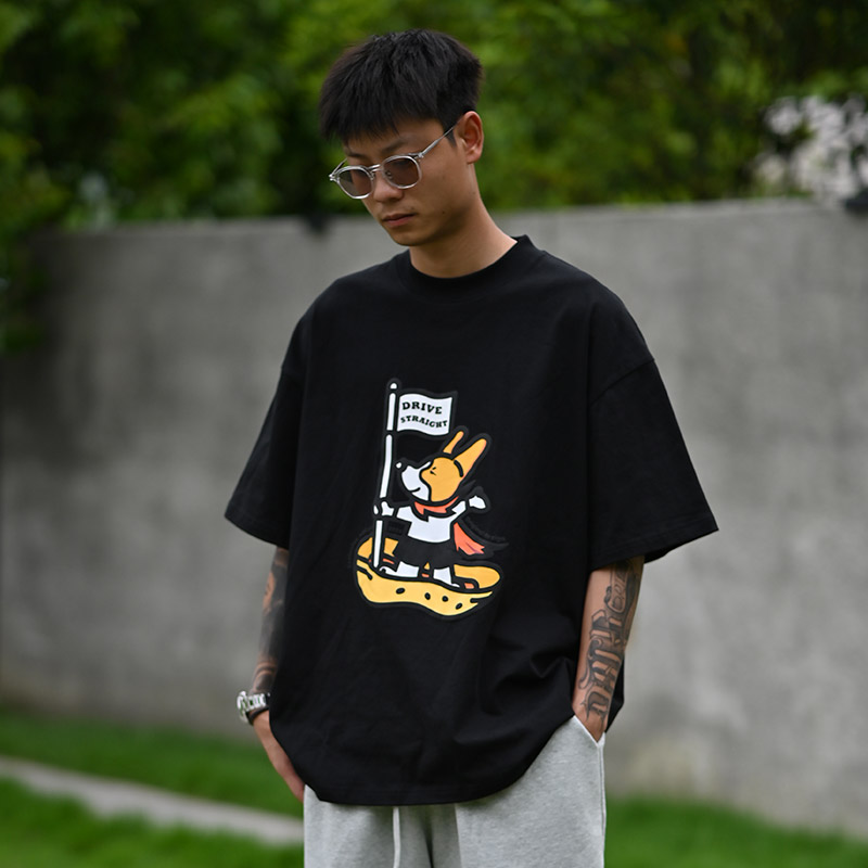 DRIVESTRAIGHT24SS夏季休闲动漫发泡印花宽松纯棉潮流男女短袖T恤