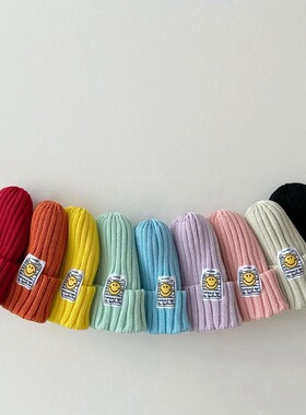 BBABBA韩版INS款婴幼儿宝宝笑脸糖果色毛线帽男女童笑脸锥形帽子