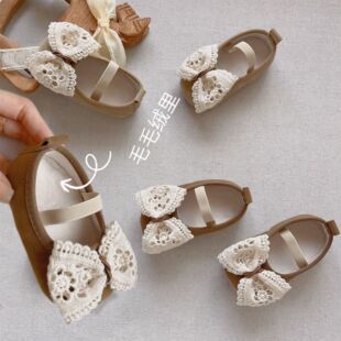 冬季新款女宝宝学步鞋防滑软底软面保暖绒里公主单鞋洋气蝴蝶结鞋