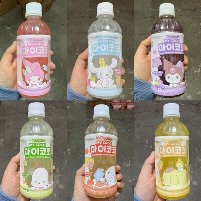 韩国进口三丽鸥饮料果汁葡萄水蜜桃荔枝菠萝椰果味网红饮品340ml