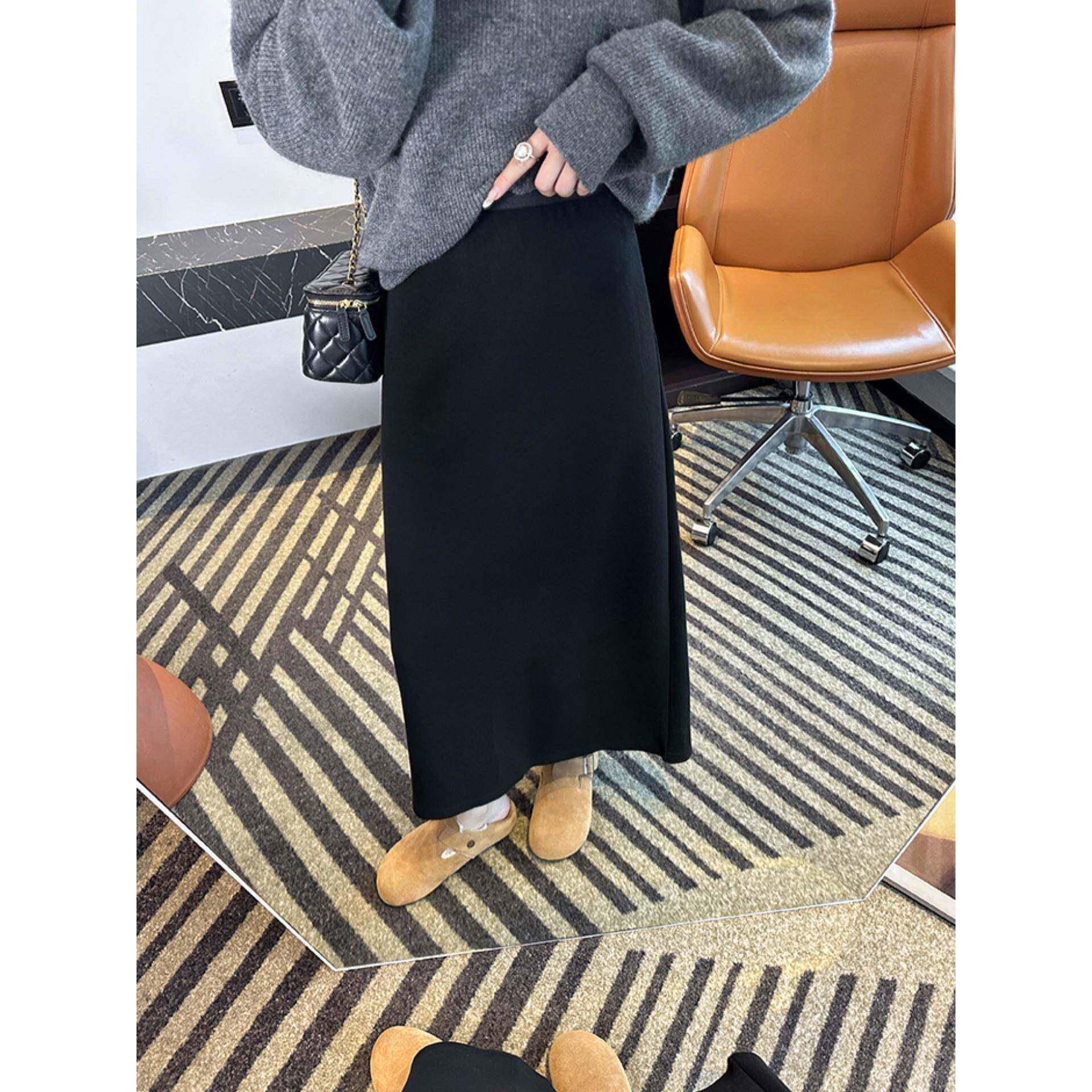 醋毛呢後开叉半身绒裙PZA女秋冬加中裙大尺码长胖酸mm韩系休闲直