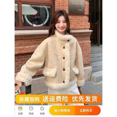 韩VXE式小香羊厚女装冬季202新款超好5看皮短草一体毛衣