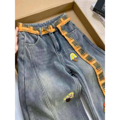 300斤加卡通刺绣绒牛裤女加冬仔季厚裤子大尺码胖mmZJZ显瘦阔腿弯