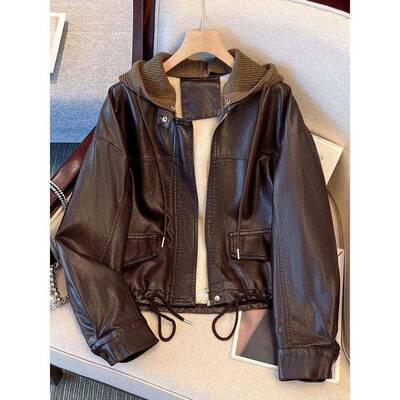 美拉德咖色连款帽加QHU绒皮衣女爆202新款款洋派5巨好看的初冬厚