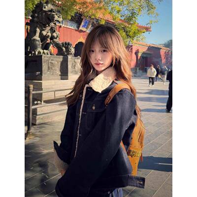 初套冬ACW羊羔毛牛仔外女冬季新款加绒加短厚显宽松瘦款夹克棉服