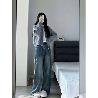 蓝色毛7594Q衣外套女针织开衫学国潮牌秋冬外链上拉衣穿通勤卫衣