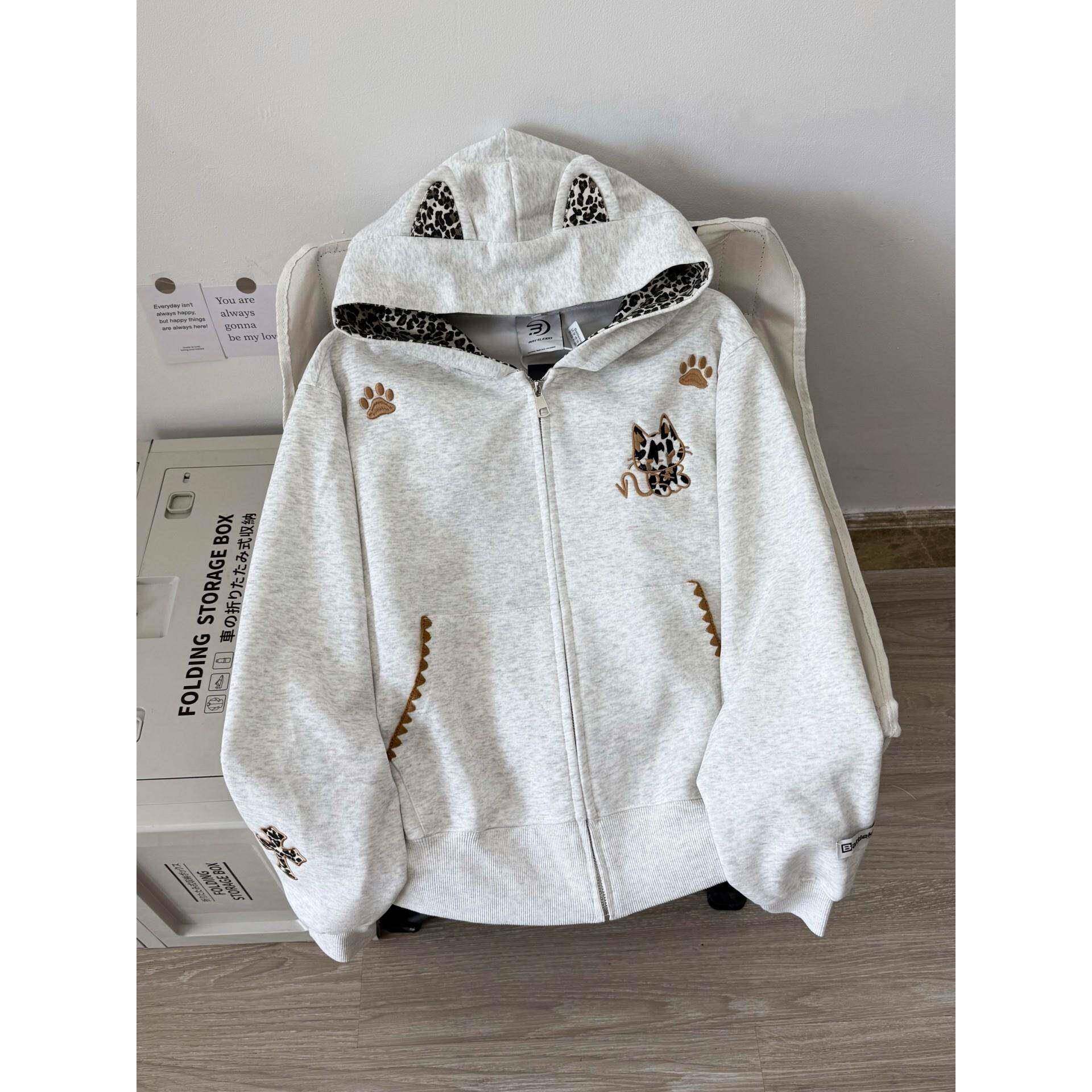 uneo卫n美式覆古开衫RDA拉炼外套豹纹恶魔秋冬松加宽绒连帽衣N女