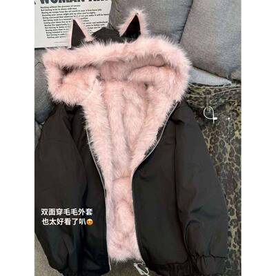 浅蓝色猫耳帽朵座山雕毛毛连CJL外衣套女暖冬季两面穿加绒加厚保