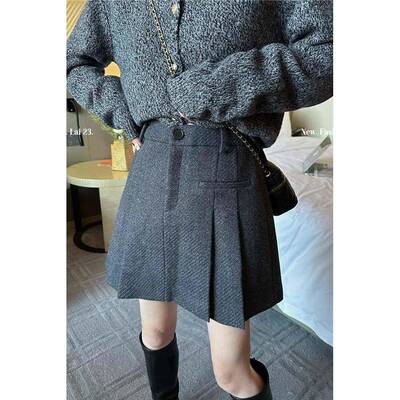 2025春季新款腰羊毛呢瘦半身裙a裙显防走光休字闲SDF百高褶短裙女