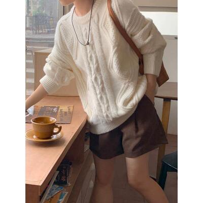 Z女Y制 奶白套头毛衣软糯宽色自松慵JTM懒风加厚麻花秋冬季针织上