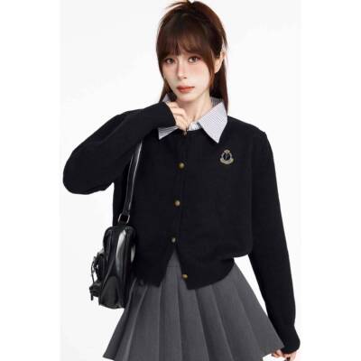 假色两件毛套学院风格黑短衣短女子开春秋季小修身针织y4543543衫