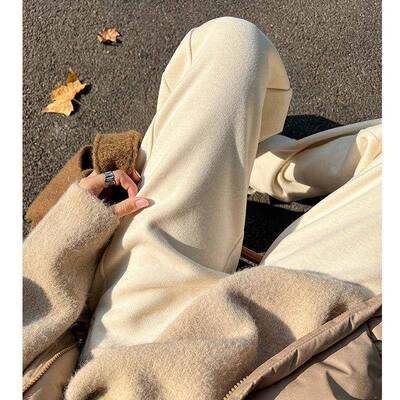 桑IAU蚕丝羊毛呢阔腿裤春女冬2秋025新款高腰垂感加绒直裤筒糯米