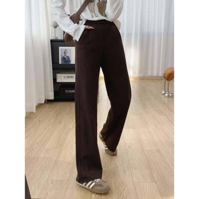 松紧腰宽显瘦垂感毛窄版直筒休闲裤女秋季202羊5款裤子松阔AAQ腿