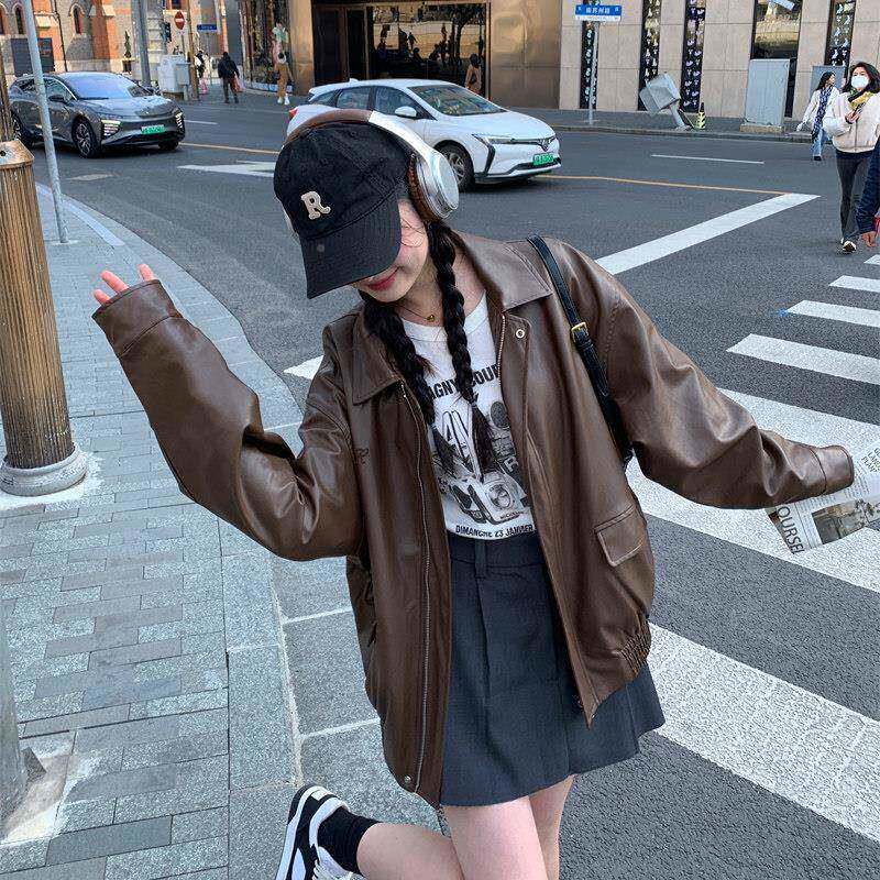 色皮外套女202棕5子春秋新款小个港风覆古高级感KSPY666夹衣克美