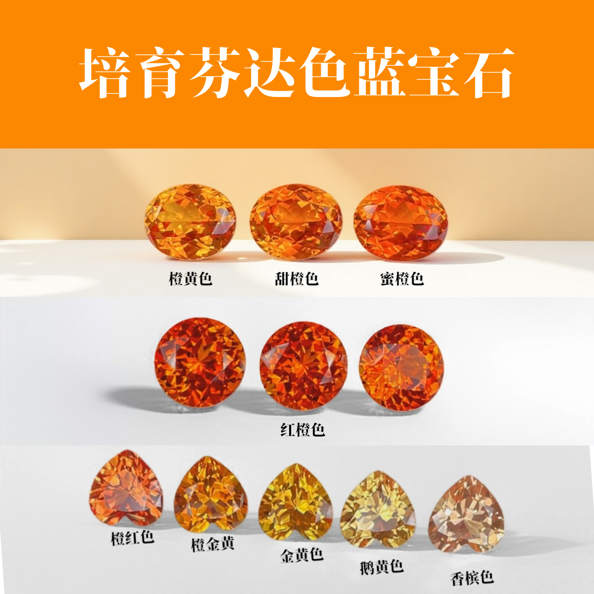 培育芬达色蓝宝石 实验室合成人造橙色裸石 梧州宝石 饰品镶嵌用