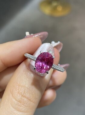 热卖经典椭圆3克拉8*10mm粉色蓝宝石S925银戒指女士订婚戒指