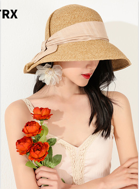 NTRX 蝴蝶结侧边草帽女夏大帽檐防风大头围太阳帽平檐优雅遮阳帽