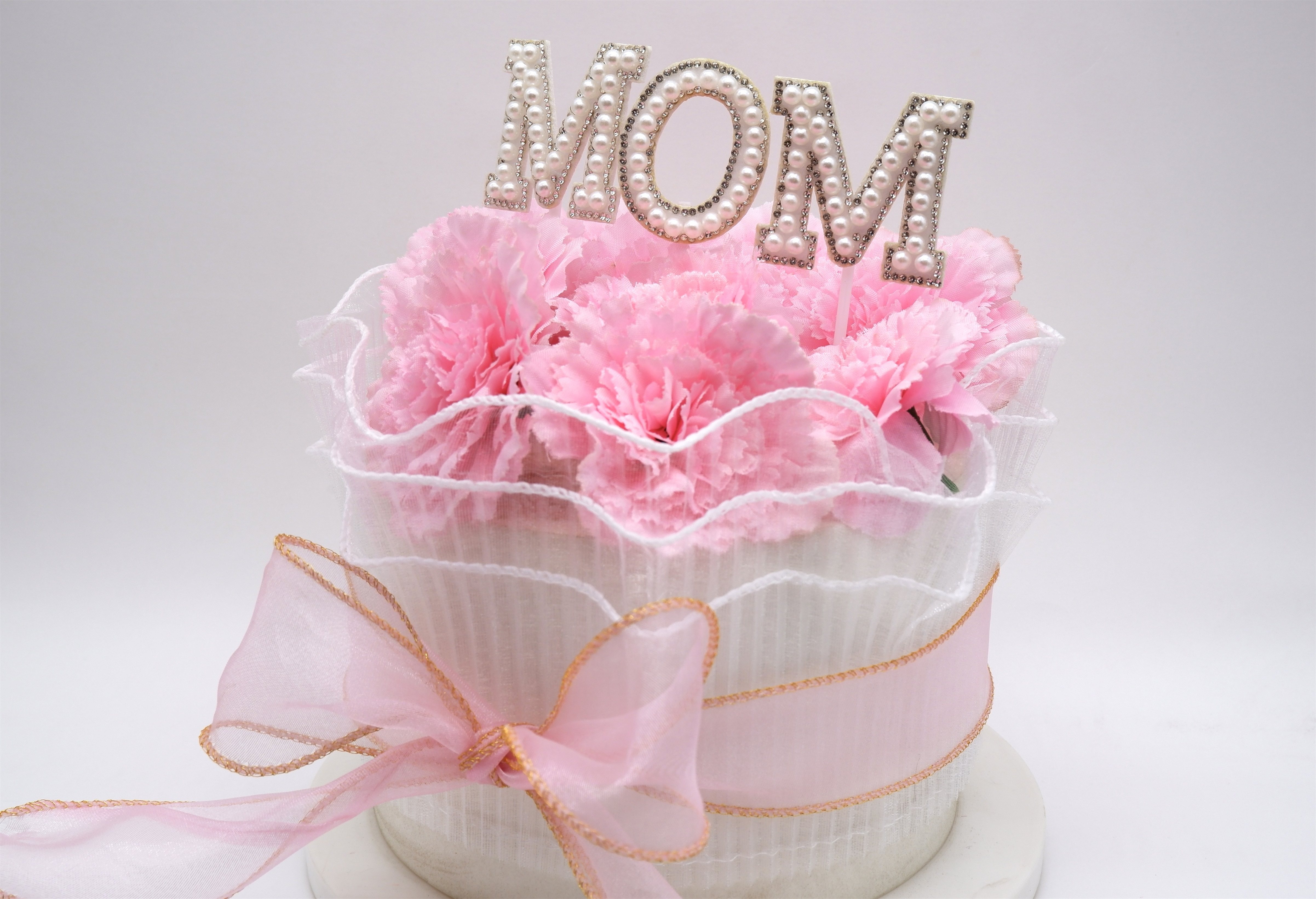 康乃馨花朵蛋糕装饰母亲节珍珠mom生日主题插件鱼尾纱丝带装扮