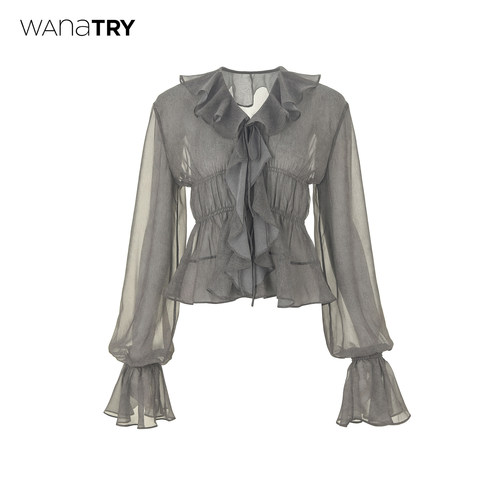 wanatry荷叶边领灰绿色系带上衣