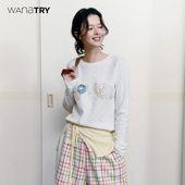 wana 宽松休闲百搭复古上衣女 新款 try碎花字母贴布绣长袖 T恤春季