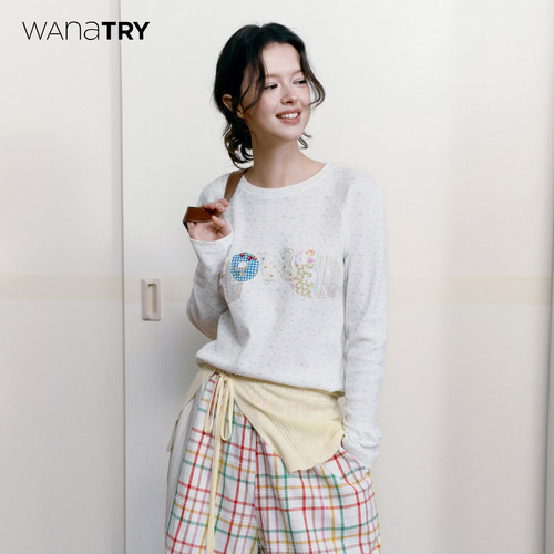 wanatry碎花字母贴布绣长袖T恤