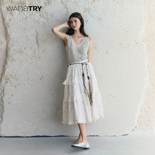wanatry纯棉刺绣小花多层半裙
