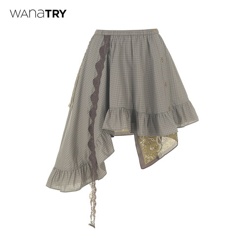 wanatry不对称格纹灰绿色半身裙