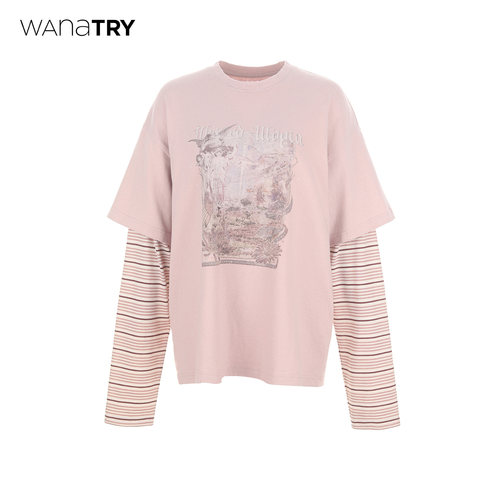 wanatry印花拼接条纹袖藕粉T恤