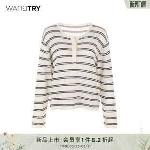 新款 春季 简约上衣 try天丝和纸纱桑蚕丝半开襟大领条纹针织衫 wana