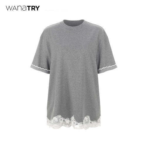 wanatry下摆拼接蕾丝灰色T恤