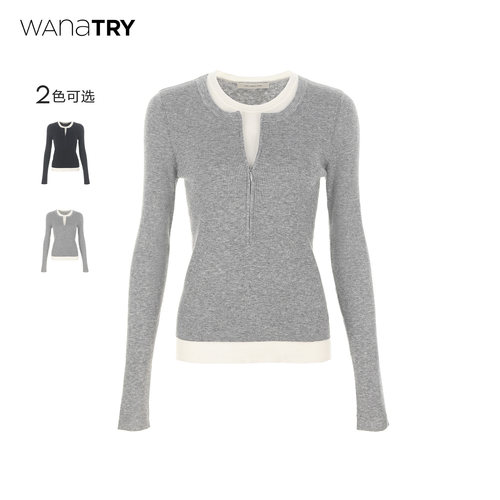 wanatry羊毛假两件半开襟针织衫