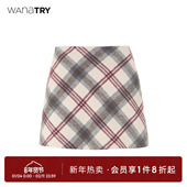 女装 wana try绵羊毛A字半身裙节日感格纹带兜米白色裙子新款 短裙