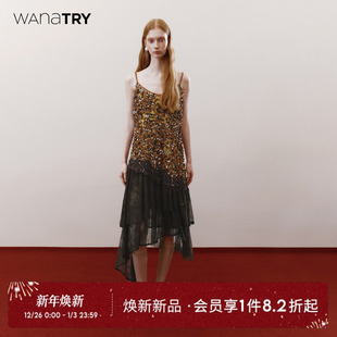 新款 饰蕾丝重工连衣裙咖棕色节日限定2025冬季 女裙 try亮片装 wana