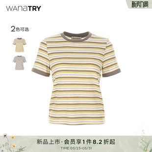 正肩百搭复古简约短袖 新款 上衣女 try拼色条纹超显瘦T恤春季 wana