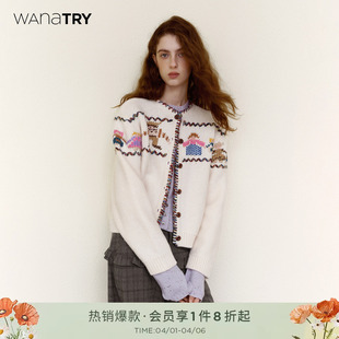 新款 wana try绵羊毛卡通小人复古开衫 米色2025冬季 上衣 宽松女款