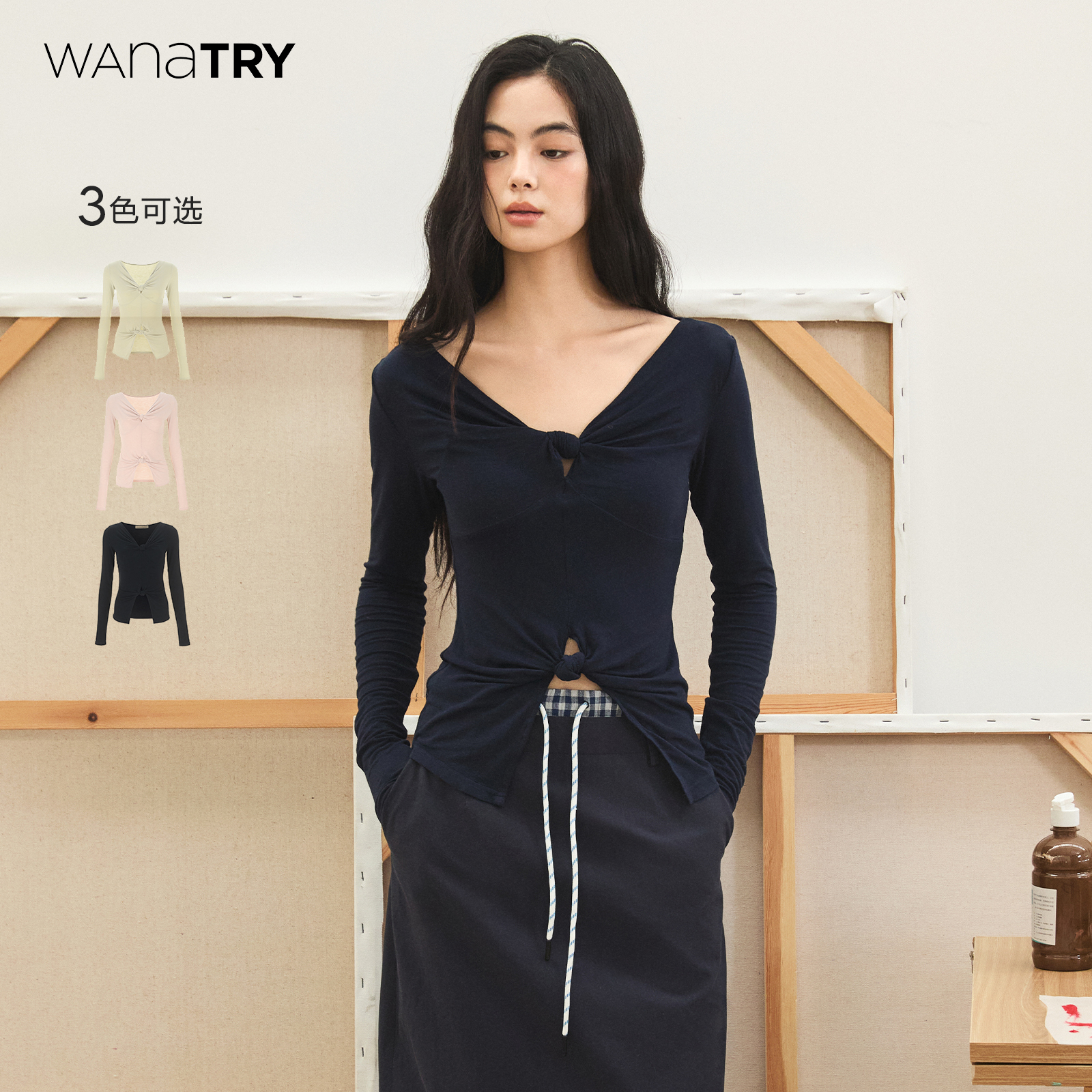 wana try胸前扭结设计感打底衫2025春季新款休闲温柔气质女款上衣