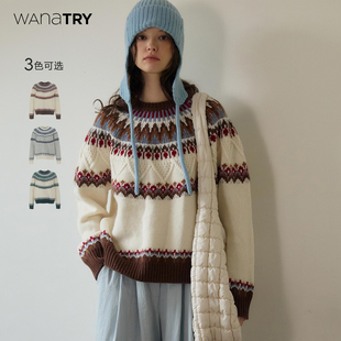 try清新撞色秋冬女装 wana 软糯费尔岛高级感毛衣上衣节日感内搭