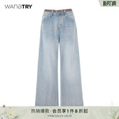 try纯棉小个子牛仔阔腿裤 长裤 含腰带新款 显高牛仔裤 子 女装 wana