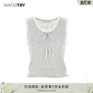 wana 减龄韩系背心女 try蕾丝边蝴蝶结清纯可爱休闲灰色内搭新款